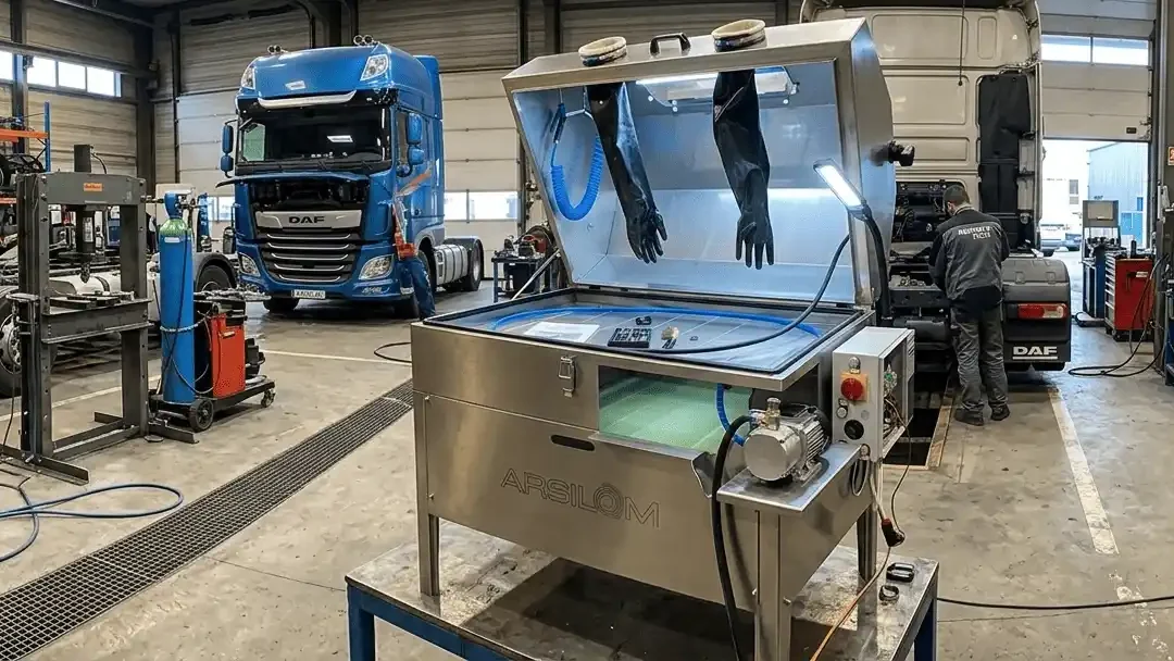 technicien effectuant la maintenance d'une fontaine de dégraissage industrielle
