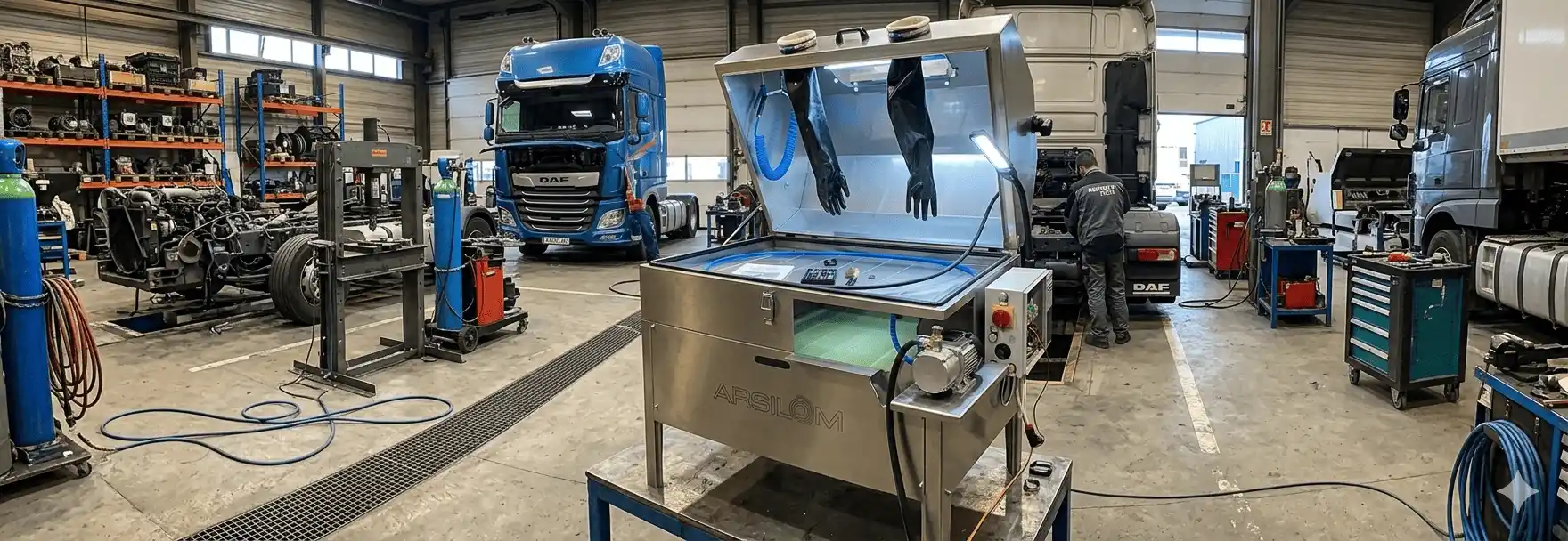 technicien effectuant la maintenance d'une fontaine de dégraissage industrielle