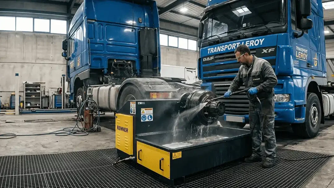 fontaine de nettoyage freins poids lourds en fonctionnement dans un atelier de maintenance