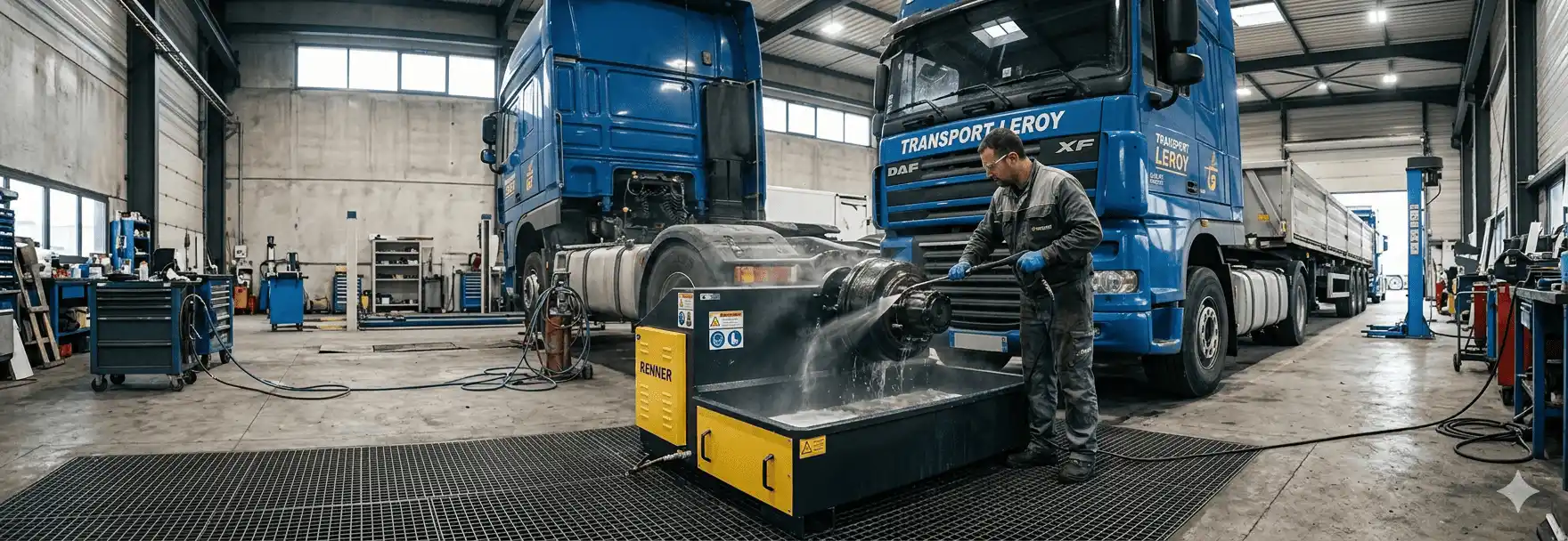 fontaine de nettoyage freins poids lourds en fonctionnement dans un atelier de maintenance