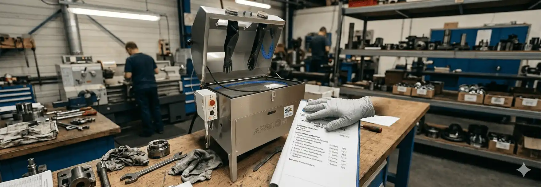 document réglementaire ICPE posé à côté d'une fontaine de dégraissage industrielle