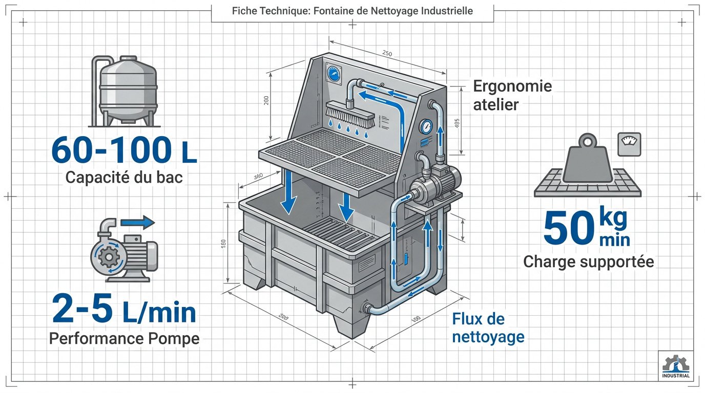 Fiche technique détaillant les dimensions et capacités d'une fontaine de nettoyage industrielle pour atelier