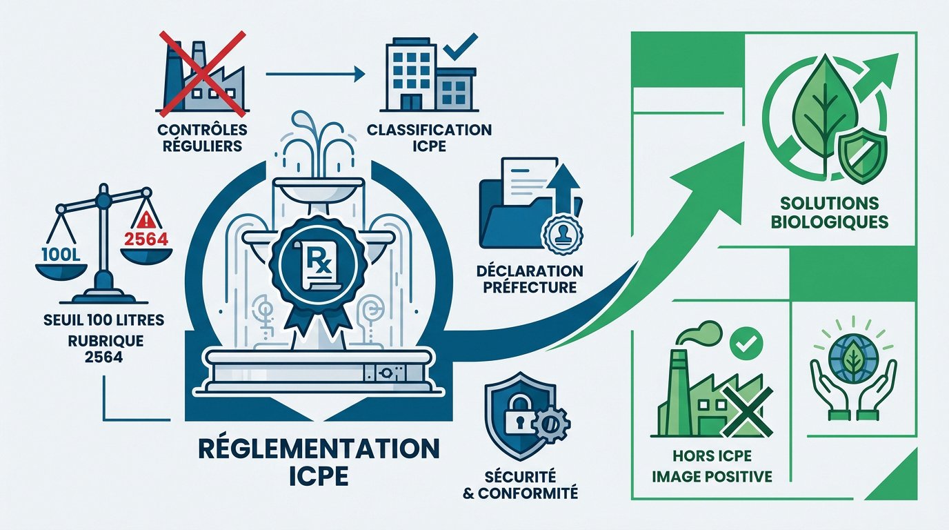 Infographie expliquant la réglementation ICPE rubrique 2564 et les avantages des fontaines biologiques