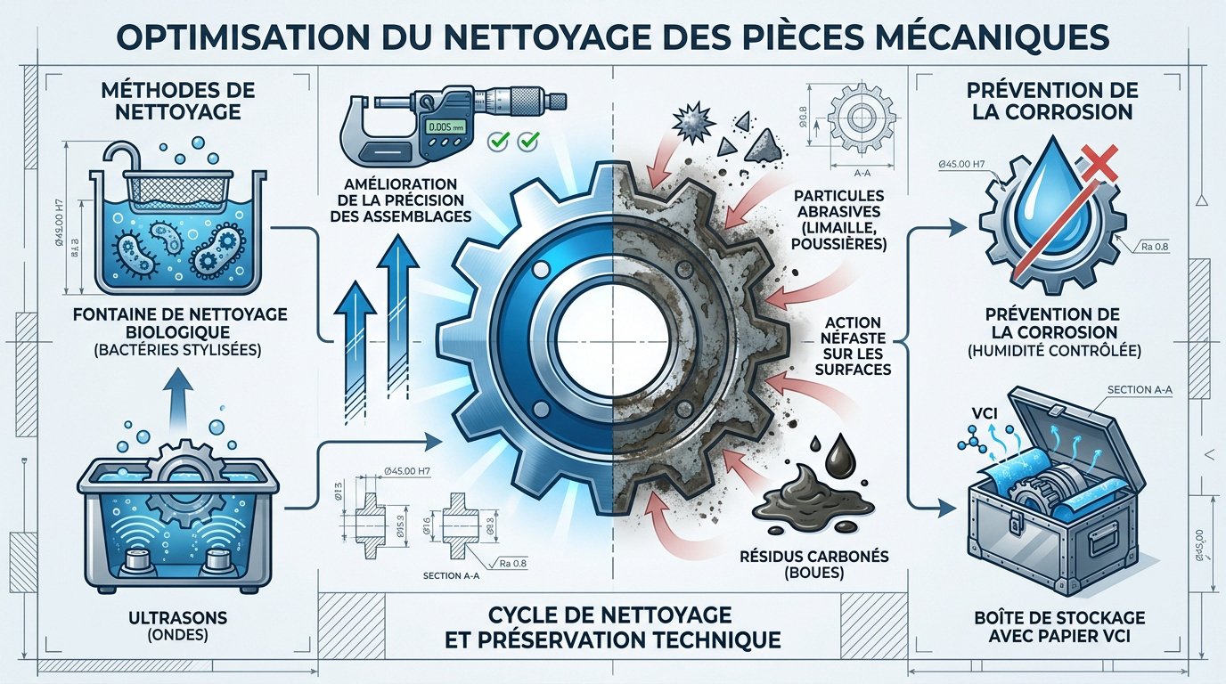 Nettoyage de précision et protection des pièces mécaniques industrielles contre l'usure